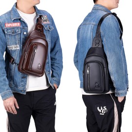 pundarika Genuine Leather Sling Bag For Men Crossbody Chest Bag shoulder bag casual man bag chest pack Sling Backpack-Black