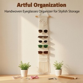 YANJNPN Macrame Sunglasses Holder Boho Wall Hanging Display Rack, Handwoven Wall Mounted Eyewear Organizer with 3 Types of Hooks, Vertical Sunglasses Storage for Bedroom, Entryway, Home and Office
