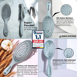 RI|DO SYSTEMS Organic Wheat Straw Hair Brush without Pulling for Women, Men & Children, Hair Brush, Detangling Brush, Anti-Brush, Paddle Hair Brush, Hair Brush, for Long, Thick or Curly Hair (Aqua)