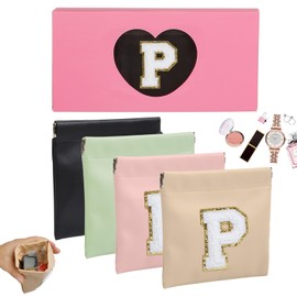 AIBFRID 4 PCS Small Initial Makeup Bag for Purse Mini Portable Cosmetic Bags for Women Coin Purse Lipstick Cosmetic Accessories Organizer Small Travel Kit Storage Pouch, black, pink, light blue, brown