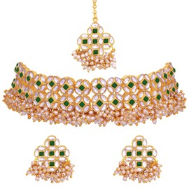 Aheli Kundan Pearl Choker Beaded Necklace Earrings Maang Tikka Set Indian Traditional Wedding Jewelry for Women Girls (Green)
