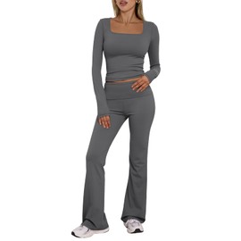 Trendy Queen Womens Workout Sets 2 Piece Fall Outfits Square Neck Tops Flare Pants Tracksuits Clothes Winter Fashion 2025 Darkgrey L
