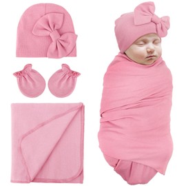 DRESHOW Newborn Receiving Blankets Cotton Warm Sleepsack with Mittens&Bow Hats Hospital Baby Swaddling