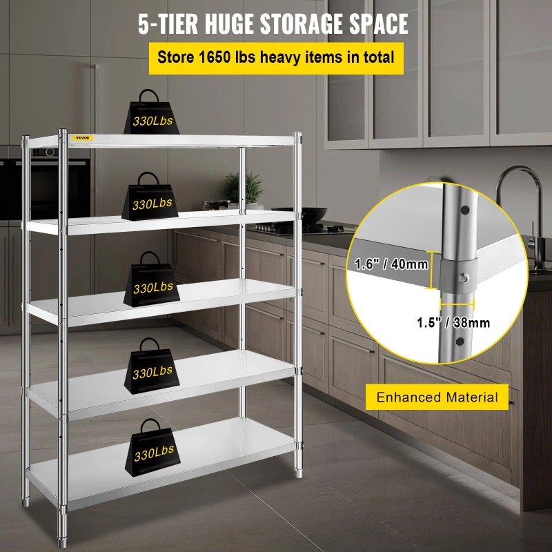5 Tier Stainless Steel Shelving 47.5x18 Inch Heavy Duty Rack