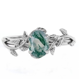 Aihpos Natural Moss Agate Ring Genuine 925 Sterling Silver Oval Cut Green Agate Engagement Rings For Women Branch Promise Wedding Ring,size 12