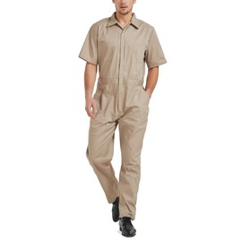 TopTie Men's Short-Sleeve Work Coverall Lightweight with Elastic Waist, Khaki Coverall