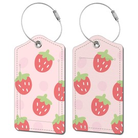 2 Pack Luggage Tags for Suitcase, Cute Leather Suitcase Tags Cruise Ship with Privacy Cover and Double Metal Loop for Women Girls Travel Baggage Bag Backpack Tags, Pink Strawberries