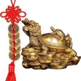 Feng Shui Brass Dragon Turtle Statue Wealth Prosperity Sculpture with Set of 5 Lucky Charm Ancient Coins on Red String Best Housewarming Congratulatory Gift Home Decor (C2 Dragon Turtle)