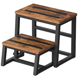 HOOBRO Step Stools for Adults & Kids, 3-in-1 Heavy Duty Sturdy Wooden Two step stools, Metal Frame with Non-Slip Pads for Kitchen/Bathroom/High Beds, Holds up to 500Lb, Rustic Brown and Black BF26JD01