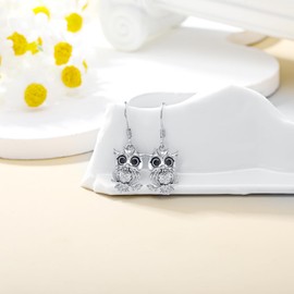 LWXIE Diamond Owl Earrings for Women 925 Sterling Silver Owl Drop Dangle Earrings with Lab Grown Diamond Jewelry Gifts