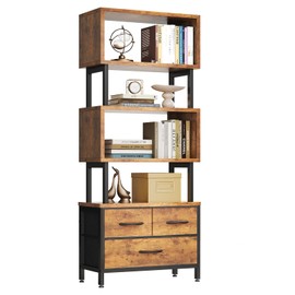 Casaottima 7 Tier BookShelf, Tall Geometric Bookcase with Fabric Drawers, Modern Display Book Shelves Book Case for Living Room Bedroom, Wood Decorative Standing Shelving Unit for Home Office, Vintage