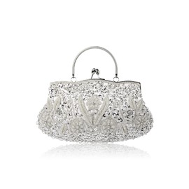 CORIOS Evening Clutch Bag for Women Vintage Beaded Sequin Handbag Bridal Wedding Purse Fashion Floral Shoulder Bag - 1920s Accessories Glitter Crossbody Bag for Banquet Party Cocktail Prom Silver