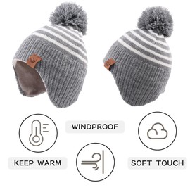 PEECABE Toddler Winter Hat Boys Girls Striped Knitted Beanie Pompom Kids Cold Weather Hat Scarf Set 9M-8Y (A-Gray, M)