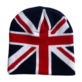 Itzu Union Jack London Knit Winter Beanie Hat Bobble Pom Pom Turn Up in Union Jack No Bobble