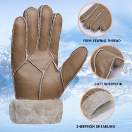 MGGMOKAY Men's Leather Gloves Sheepskin Shearling Warm Winter Gloves, Camel
