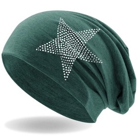 Hatstar Rhinestone Star Women's Beanie Hat, Elastic Slouch Long Beanie Girls Hat with Elegant Rhinestone Appliqué, Light and Soft - Jeans mottled green