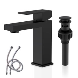 KENES Matte Black Single Handle Bathroom Sink Faucet, Stainless Steel Vanity Faucet for Bathroom Sink, with Pop Up Drain Stopper & Water Supply Hoses LJ-9031-2