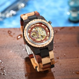 Tiong Men's Wooden Watch Automatic Winding Wooden Watch,Attractive Brown Wooden Mechanical Watch, None Digital Dial Mechanical Wooden Watch for Men-Brown