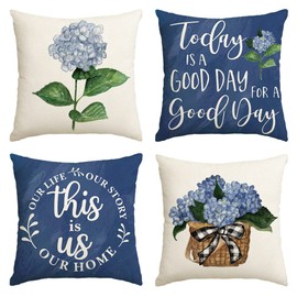 AVOIN colorlife Blue Hydrangea Spring Summer Throw Pillow Covers, 20 x 20 Inch Today is A Good Day Dark Blue Cushion Case Decoration for Sofa Couch Set of 4