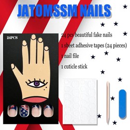 4th of July Press on Nails Short Square Fake Nails Independence Day Full Cover Glue on Nails American Flag Star Glitter Design Acrylic False Nails with Glue Artificial Natural Stick on Nails for Women