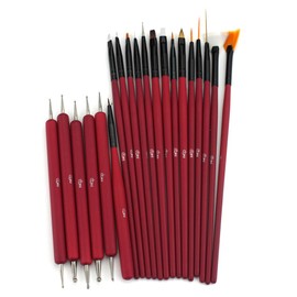 Glow 20 Piece Nail Art Brush and Dotting Tool Kit - Premium Quality - Perfect for Beginners and Professionals - Practical, Affordable Kit with Wooden Handle - Red Colour