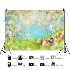 Spring Easter Backdrops, Florals Trees Green Grass Colorful Eggs for Photography Cute Rabbit Green Grassland Flowers Easter Photography Backdrop for Kids Easter Party Decoration Vinyl 10x8ft