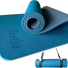Feetlu Yoga Mat Thick with Strap, 2/5 Inch (10MM) - Extra Thick Yoga Mat Non Slip Workout Mat Double-Sided,Eco POE Yoga Mats for Women Men,Workout Mat for Yoga,Pilates,and Floor Exercises(TUR BLU/GYB)