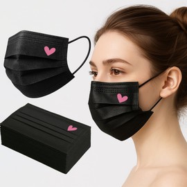 50 Pack Black Disposable Face Masks for Adults - Cute Heart Print 3-Ply Breathable Earloop Full Face Protection (Pink Heart)
