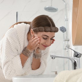 WD&CD Headband, Women's Spa Hair Band, Make Up Headband, Wrist Wash Band Set for Skin Care, Facial Cleansing, Shower Dark Brown