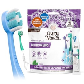 GuruNanda 6-in-1 Ready-to-Go Disposable Toothbrush, Pre-Pasted Butter on Gums Softex Bristles, Floss & Toothpick, Tongue & Cheek Cleaner, Individually Wrapped & TSA Friendly, 21 Ct