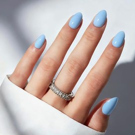 modelones Kit de uñas postizas ovaladas cortas azules con pegamento, adhesivos, lima, almohadilla de preparación y palito de manicura (32 unidades, 16