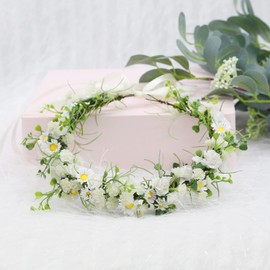 Floral Headpiece Bridal Flower Headband Boho Floral Crown Photo Prop (Beige, One size)
