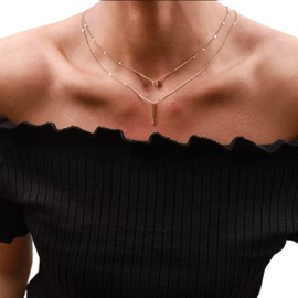 TseenYi Boho Layered Gold Colour Chain Necklace Crystal Vertical bar Dangle Necklace Double Layer Stacked Necklace Fashion Necklace for Women Summer Beach Wedding Jewelry for Women and Girls（2 Pcs)