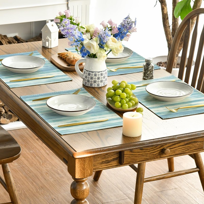 Blue Watercolor Striped Placemats Set of 4, 12x18 Inch Seasonal