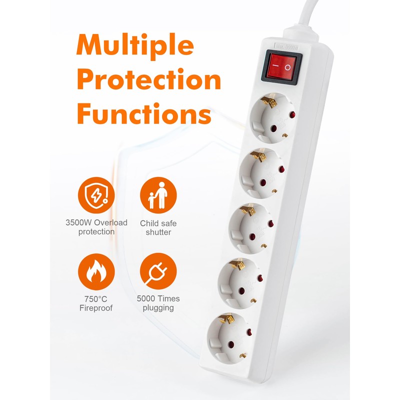 GRIFEMA Power Strip 5-Way Multiple Socket with Switch, 3500 W,