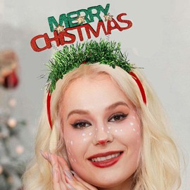 Foyte Christmas Tree Headbands Green Xmas Head Hoop Glitter Headpieces for Women Festival (Merry Christmas, one-size)