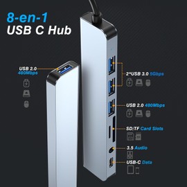Uplayteck Hub USB C de 8 Puertos, Adaptador Multipuerto Tipo C, Divisor USB 3.0 Portátil Ultrafino USB C Dock para MacBook, Mac Pro, iMac, Surface Pro, XPS, PC, Flash Drive, Mobile HDD