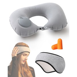 Alip Neck Pillow, Air Pump, Compact, Eye Mask, For Sleeping, Blocks Light, 2-in-1 Design of Eye Mask & Earmuffs, U-Shaped Portable Pillow, Travel, Portable, Manual Press Type, Neck Pillow, Airplane,