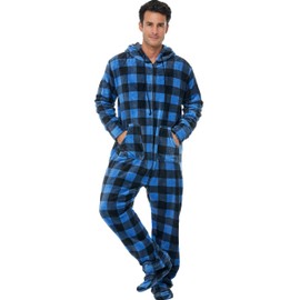 Alexander Del Rossa Adult Onesies for Men, Mens Onesie Pajamas Adults, Fleece Onesie for Men, Hooded Footed Mens Onsie Buffalo Check Blue Large (A0320A25LG)