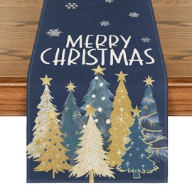 Artoid Mode Xmas Trees Snowflakes Blue Merry Christmas Table Runner, Winter Seasonal Kitchen Dining Table Decoration for Home Party Decor 13x72 Inch