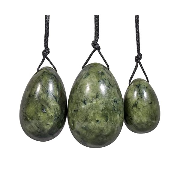 mookaitedecor Green Jade Yoni Eggs Set of 3,Drilled,with Unwaxed String,Massage Stone for Women Kegel Exercise Strengthen Pelvic Floor Muscles