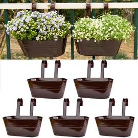 LOVOUS 5 Pack Railing Planter for Outdoor Plants Balcony Hanging Flower Pots with Detachable Hooks Metal Hanging Planters for Fence Garden Yard Patio Porch Home Decor,Bronze