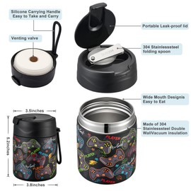 17oz Soup Thermo for Hot Food Kids,Insulated Food Jar with Spoon,Thermo Hot Food Lunch Container,Wide Mouth Leakproof Stainless Steel Lunch Box for School-Black Game