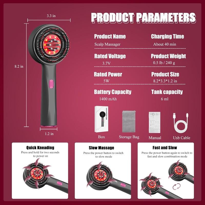 Red Hair Massager, Scalp Massager, Multi-Function Electric Scalp Massage Comb