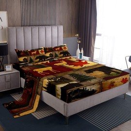 Rustic Farmhouse Bed Sheets Set Twin Size, Retro Cabin Lodge Sheets, Hunting Bear Deer Sheet Set, Country Maple Leaves Bedding Set, Rustic Woodland Pine Tree Flat Fitted Sheet, Red Brown, 3Pcs