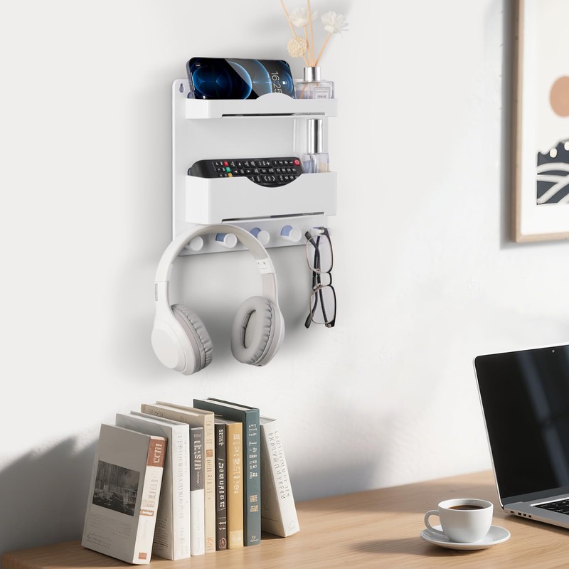 JUMEIHUI Bedside Wall Organizer with 4 Hooks,Adhesive Bedside Shelf Wall