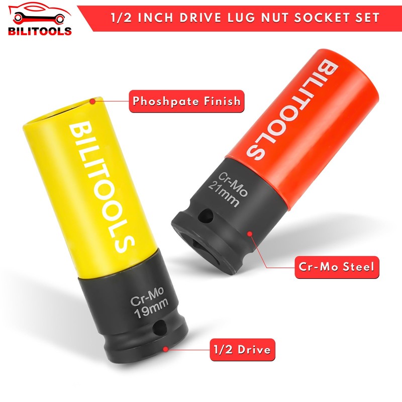 BILITOOLS 1/2 inch Drive Impact Lug Nut Socket Set, 15