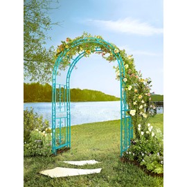 Plow & Hearth Arch Metal Outdoor Garden Arbor | Montebello | 84-in (H) x 53-in (W) x 23-in (D) | White | Iron Trellis Lattice for Climbing Plants | Wedding | Outdoor Patio Décor (Blue)