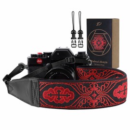 Padwa Lifestyle Camera Strap - 2" Full Grain Leather Ends Camera Straps for Photographers, Vintage Red Embroidered Cotton Weave Soft Suede Fabric Padded Strap Quick Release fits All Cameras