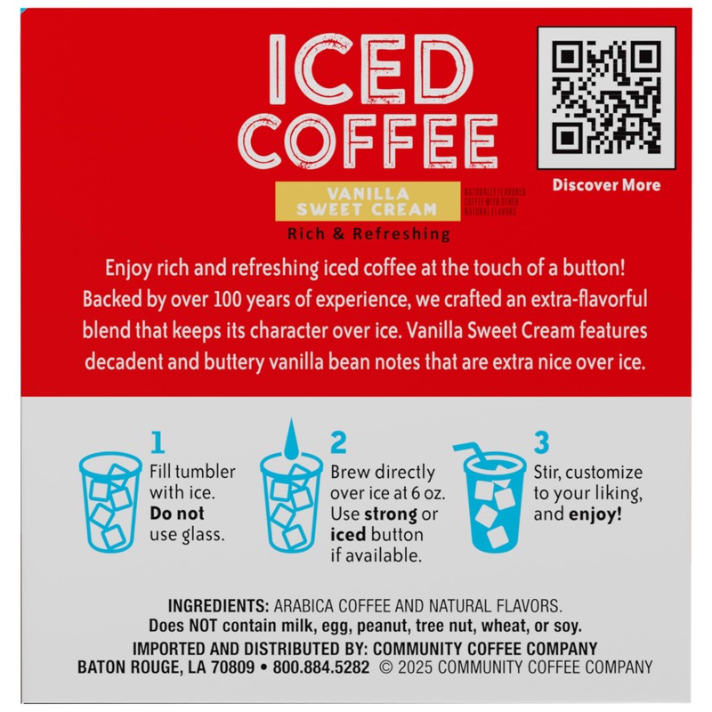 Community Coffee Vanilla Sweet Cream, 10 Keurig Iced Coffee Pods,